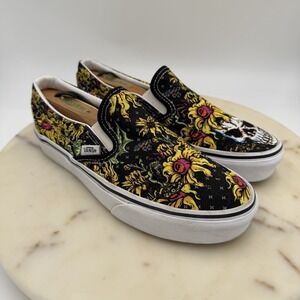 Rare Vans Classic Beauty Skull & Flowers Slip On Shoes Women's 6.5/Mens 5